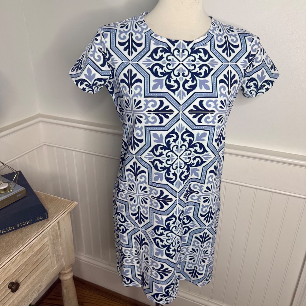 Southern Tide Blue White Geometric Tile Print Short Sleeve T-Shirt Dress XS